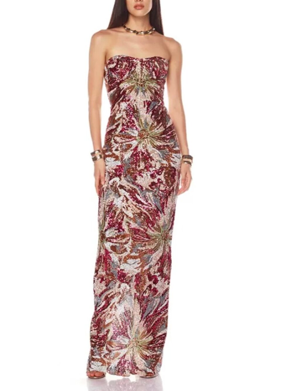 Bronx and Banco Sequin Dahlia Maxi Dress XS/S/M Red Strapless Stretch - Picture 4 of 12